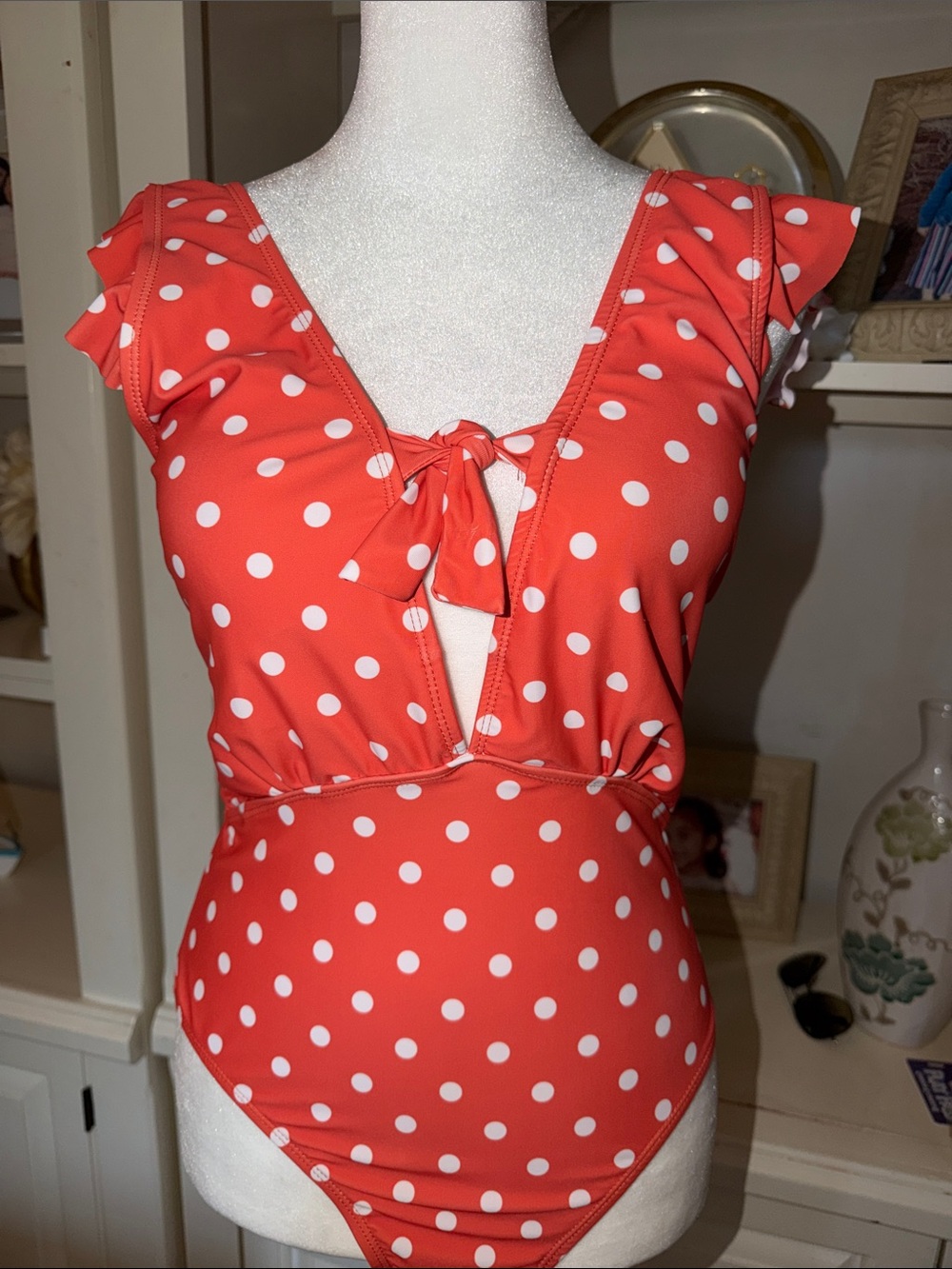 Polka Dot Tie-Front One-Piece Swimsuit in Coral